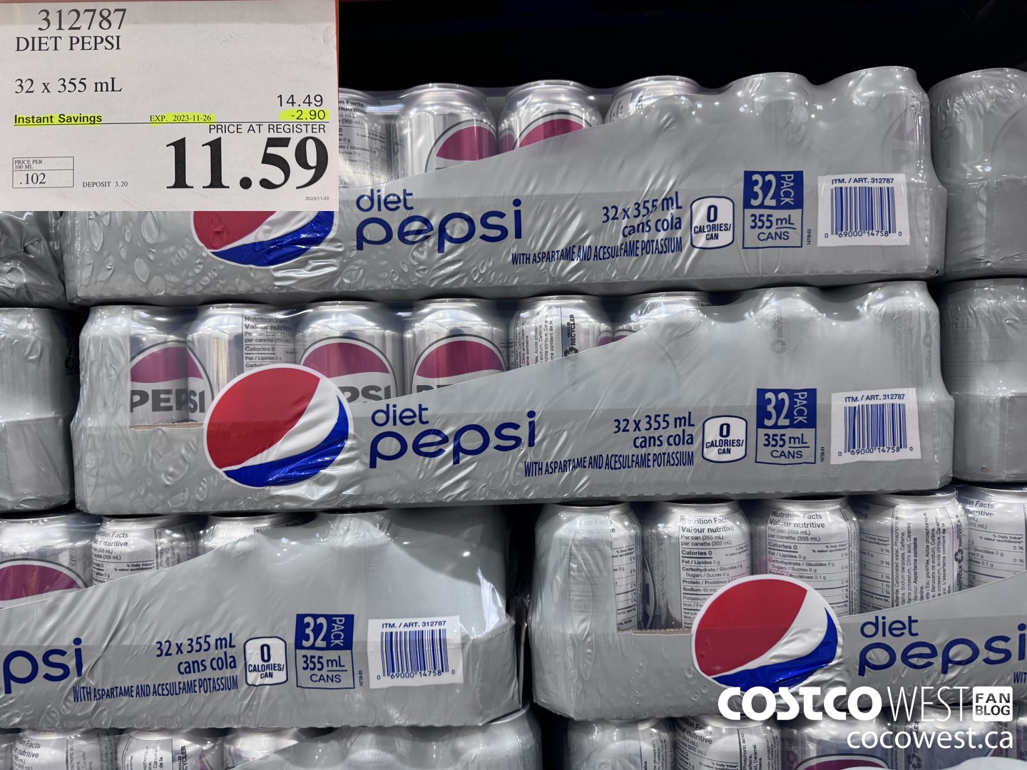 312787 DIET PEPSI 32 X 355 ML ($2.90 INSTANT SAVINGS EXPIRES ON 2023-11-26) $11.59