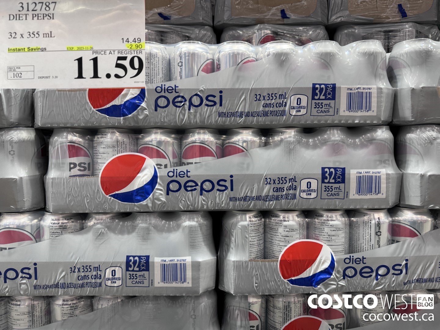 312787 DIET PEPSI 32 X 355 ML ($2.90 INSTANT SAVINGS EXPIRES ON 2023-11-26) $11.59
