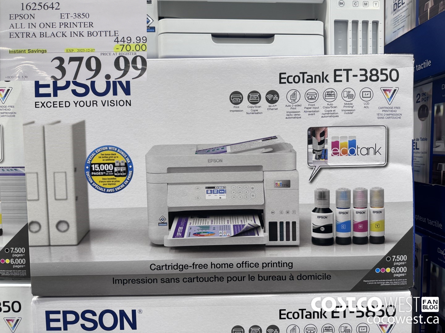 1625642 EPSON ALL IN ONE PRINTER ET-3850 EXTRA BLACK INK BOTTLE ($70.00 INSTANT SAVINGS EXPIRES ON 2023-12-07) $379.99