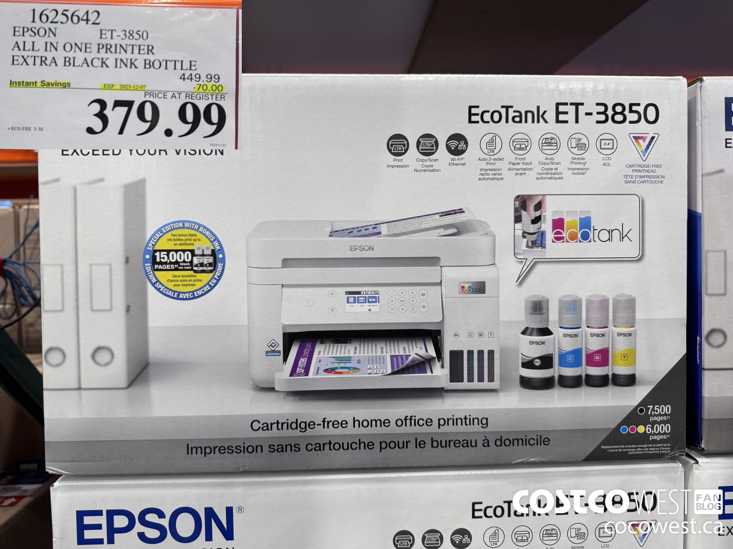 1625642 EPSON ALL IN ONE PRINTER ET-3850 EXTRA BLACK INK BOTTLE ($70.00 INSTANT SAVINGS EXPIRES ON 2023-12-07) $379.99