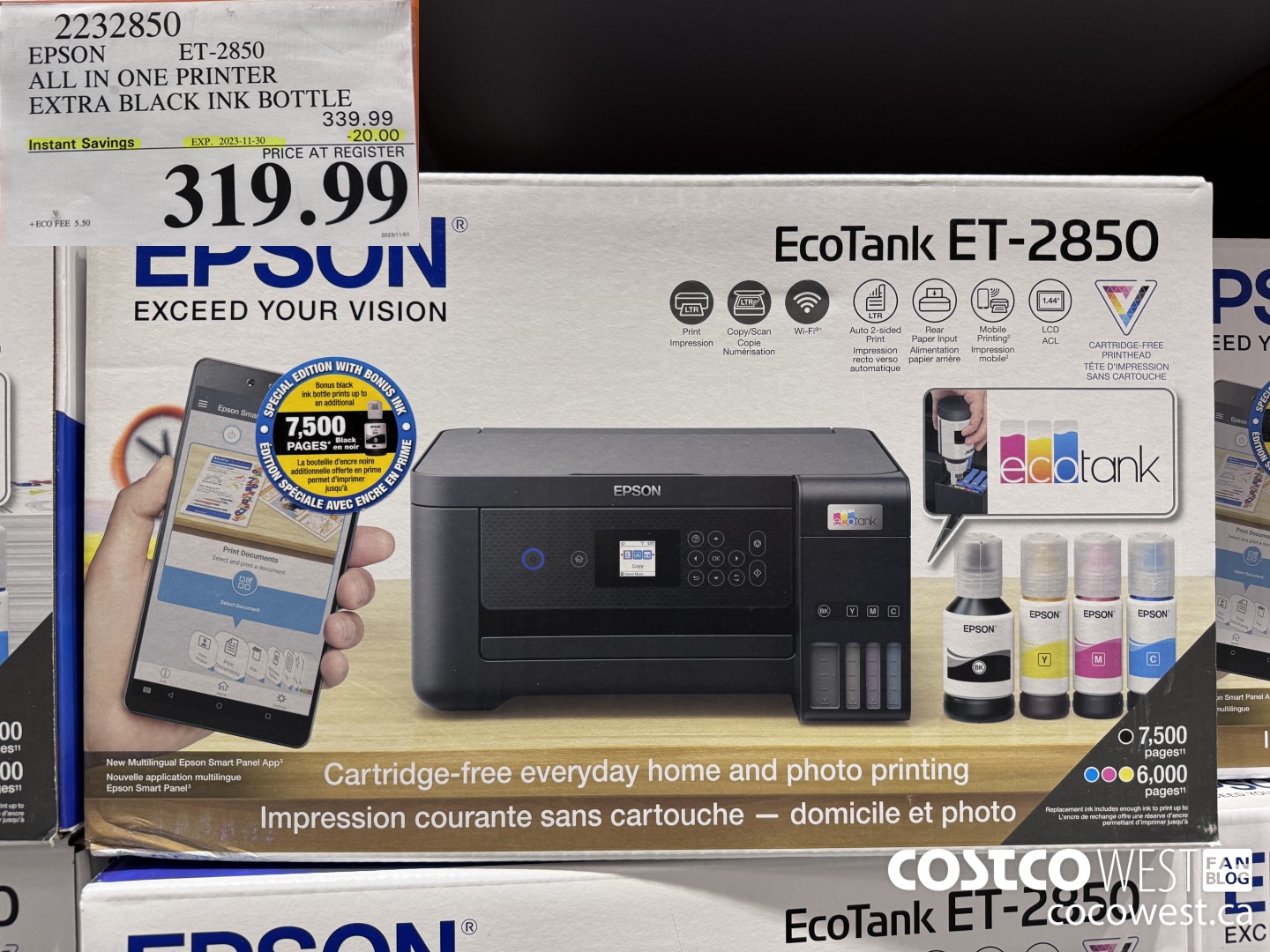 2232850 EPSON ET-2850 ALL IN ONE PRINTER EXTRA BLACK INK BOTTLE ($20.00 INSTANT SAVINGS EXPIRES ON 2023-11-30) $319.99