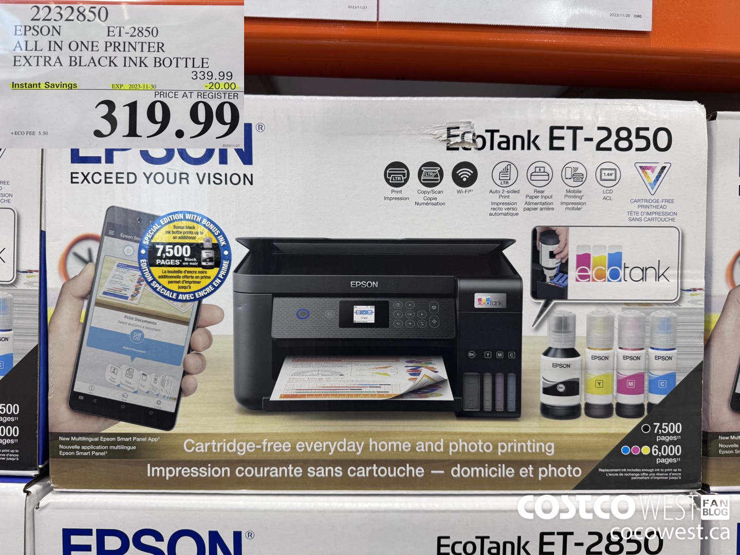 2232850 EPSON ET-2850 ALL IN ONE PRINTER EXTRA BLACK INK BOTTLE ($20.00 INSTANT SAVINGS EXPIRES ON 2023-11-30) $319.99