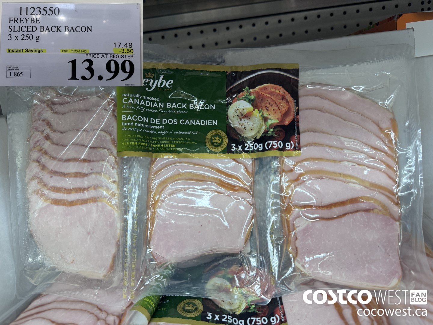 1123550 FREYBE SLICED BACK BACON 3 x 250 g ($3.50 INSTANT SAVINGS EXPIRES ON 2023-11-05) $13.99