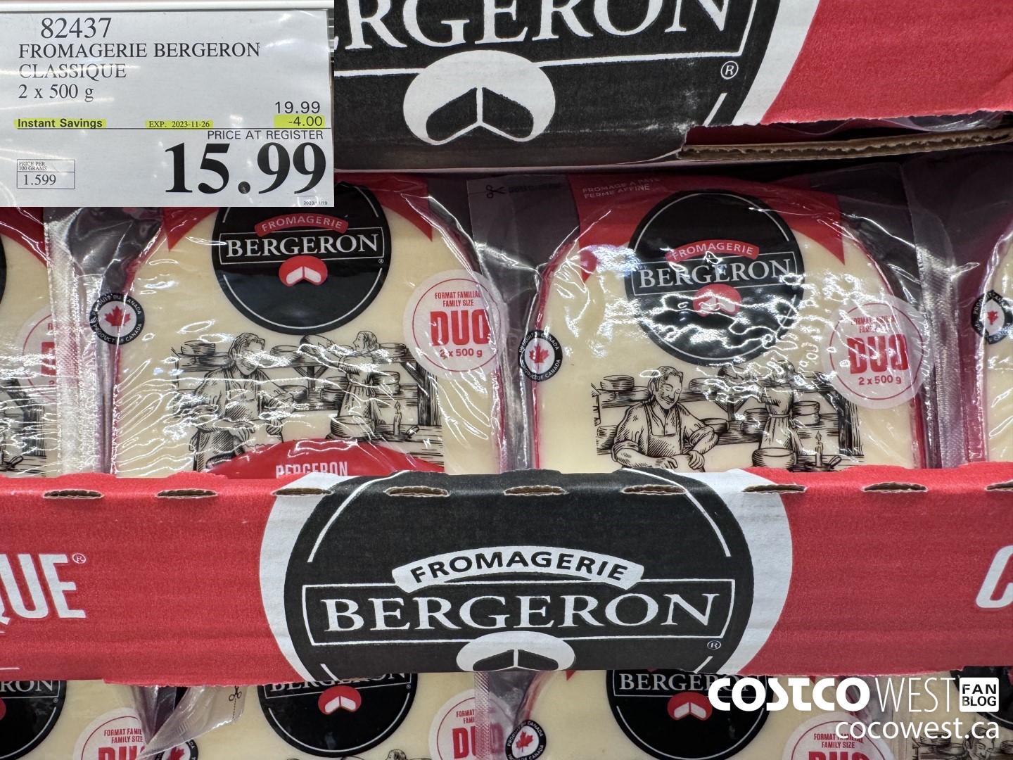 82437 FROMAGERIE BERGERON CLASSIQUE 2 X 500 G ($4.00 INSTANT SAVINGS EXPIRES ON 2023-11-26) $15.99