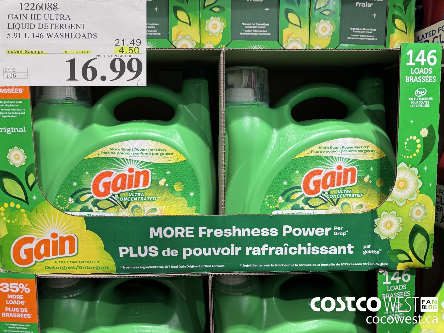 1226088 GAIN HE ULTRA LIQUID DETERGENT 5.91 L 146 WASHLOADS ($4.50 INSTANT SAVINGS EXPIRES ON 2023-12-17) $16.99