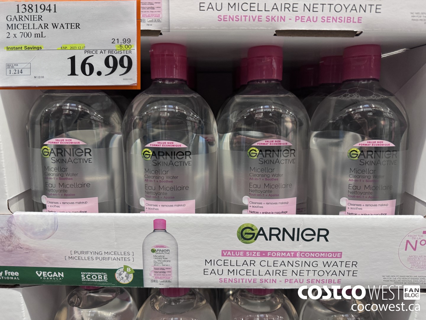 1381941 GARNIER MICELLAR WATER 2 x 700 mL  ($5.00 INSTANT SAVINGS EXPIRES ON 2023-12-17) $16.99