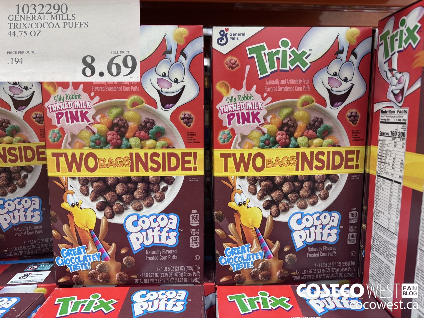 1032290 GENERAL MILLS TRIX/COCOA PUFFS 44.75 OZ $8.69