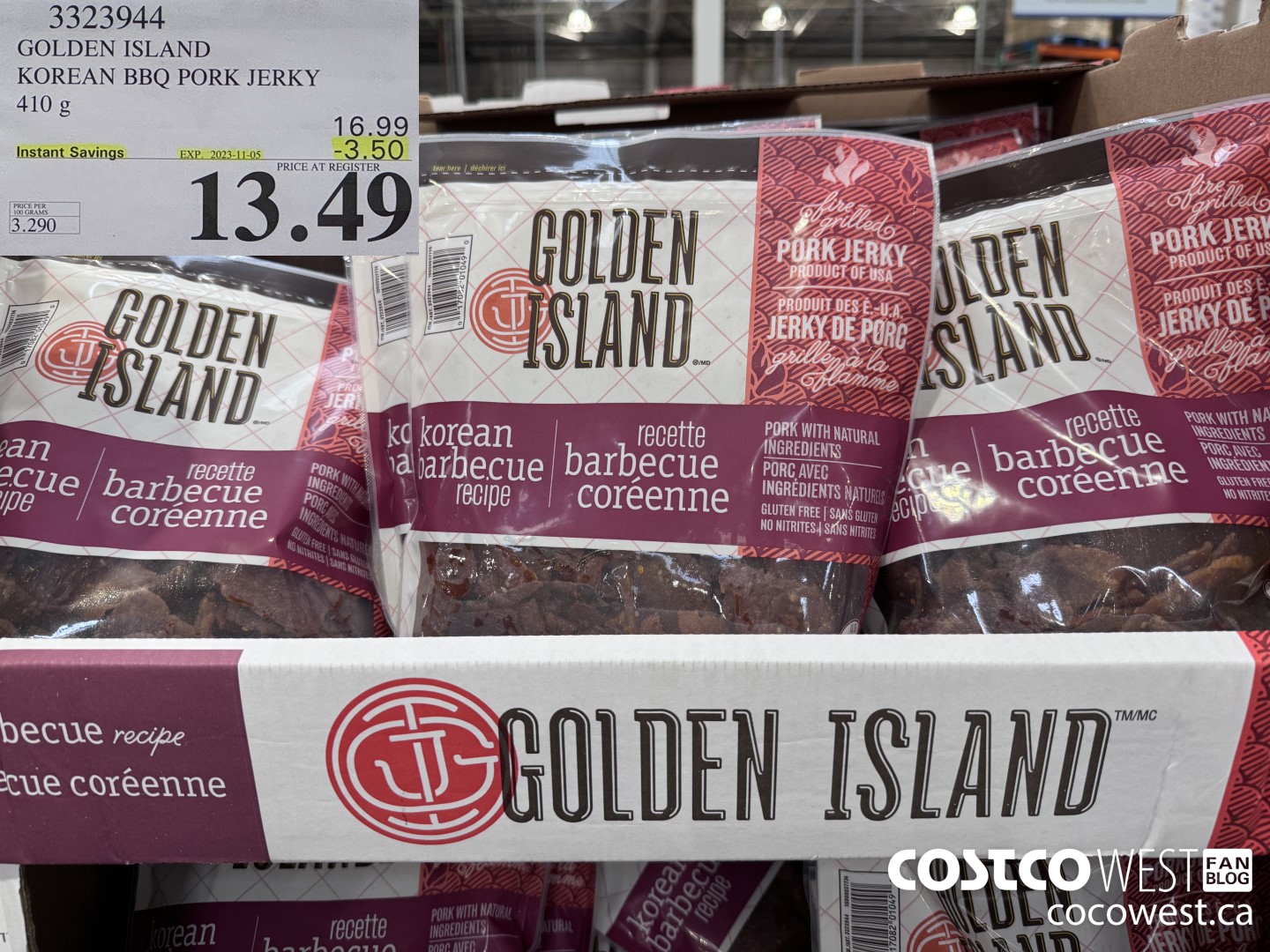 3323944 GOLDEN ISLAND KOREAN BBQ PORK JERKY 410G ($3.50 INSTANT SAVINGS EXPIRES ON 2023-11-05) $13.49