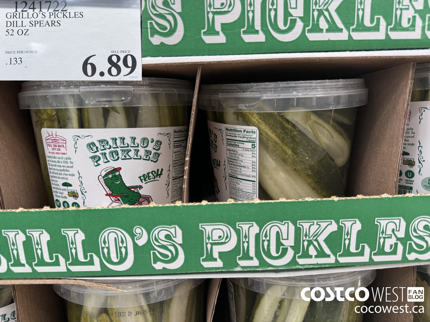 1241722 GRILLO'S PICKLES DILL SPEARS 52 OZ $6.89