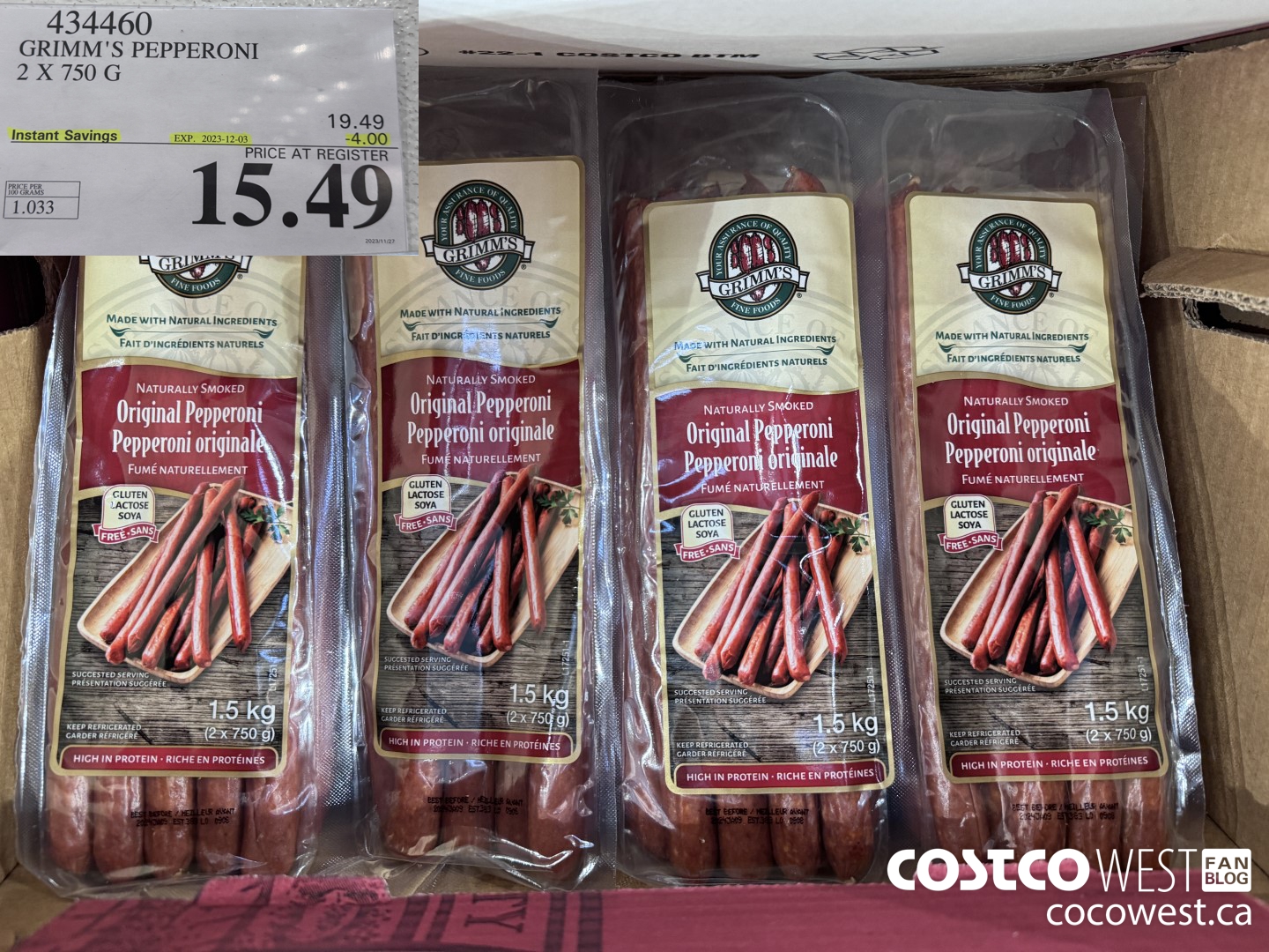 434460 GRIMM'S NATURAL FRESH PEPPERONI 2 x 750 g ($4.00 INSTANT SAVINGS EXPIRES ON 2023-12-03) $15.49