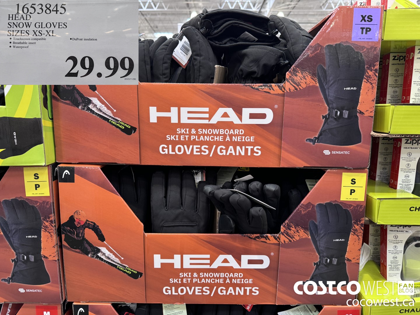 1653845 HEAD SNOW GLOVES SIZES XS-XL $29.99