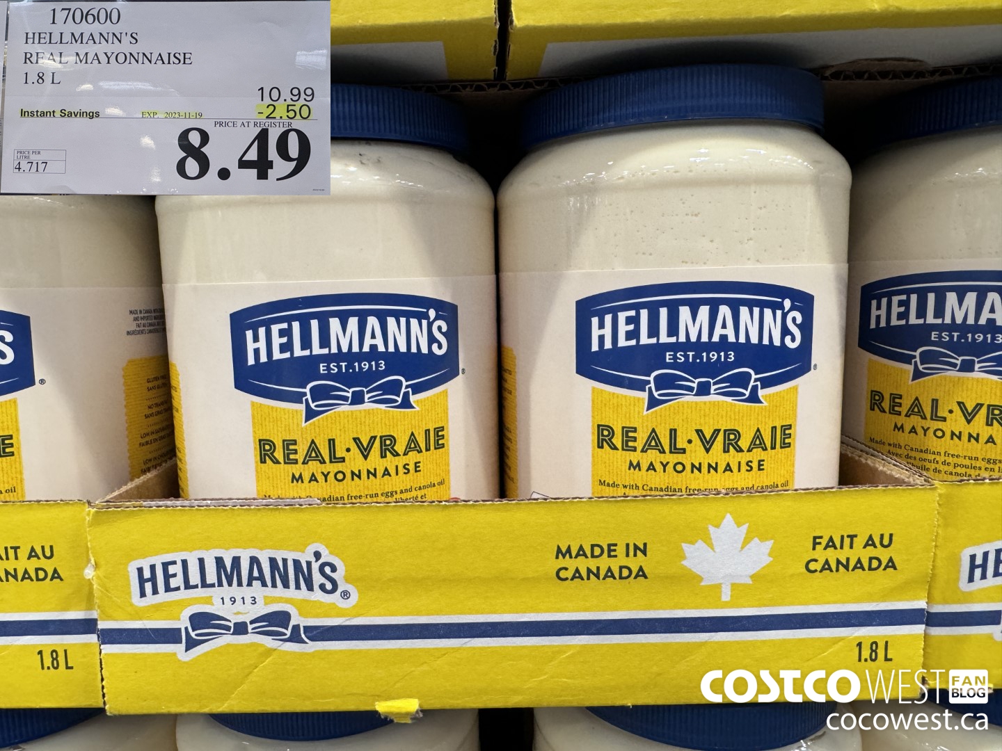 170600 HELLMANN'S REGULAR MAYONNAISE 1.8 L ($2.50 INSTANT SAVINGS EXPIRES ON 2023-11-19) $8.49