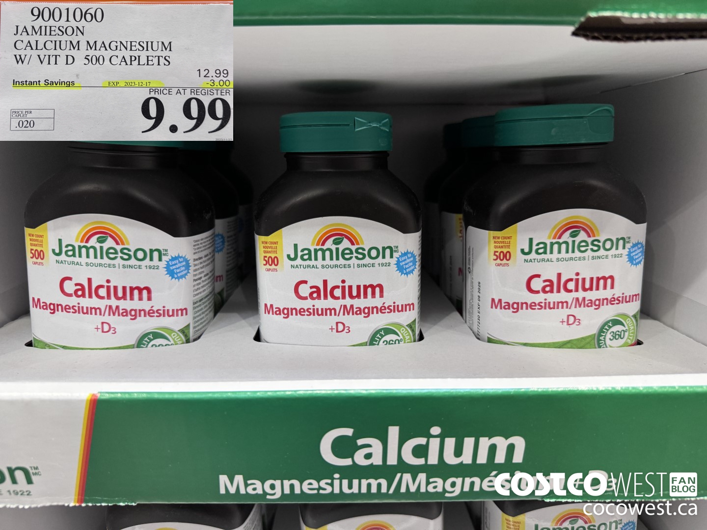 9001060 JAMIESON CALCIUM MAGNESIUM W/ VIT D 500 CAPLETS ($3.00 INSTANT SAVINGS EXPIRES ON 2023-12-17) $9.99