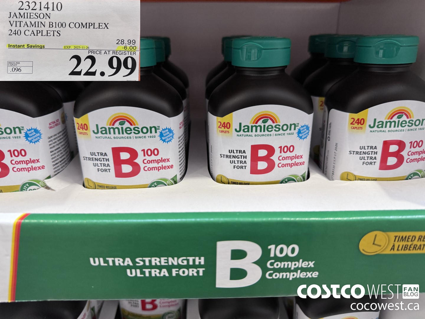 2321410 JAMIESON VITAMIN B100 COMPLEX 240 CAPLETS ($6.00 INSTANT SAVINGS EXPIRES ON 2023-11-26) $22.99