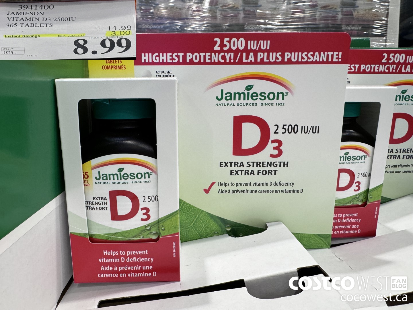 3941400 JAMIESON VITAMIN D3 2500IU 365 TABLETS ($3.00 INSTANT SAVINGS EXPIRES ON 2023-11-12) $8.99