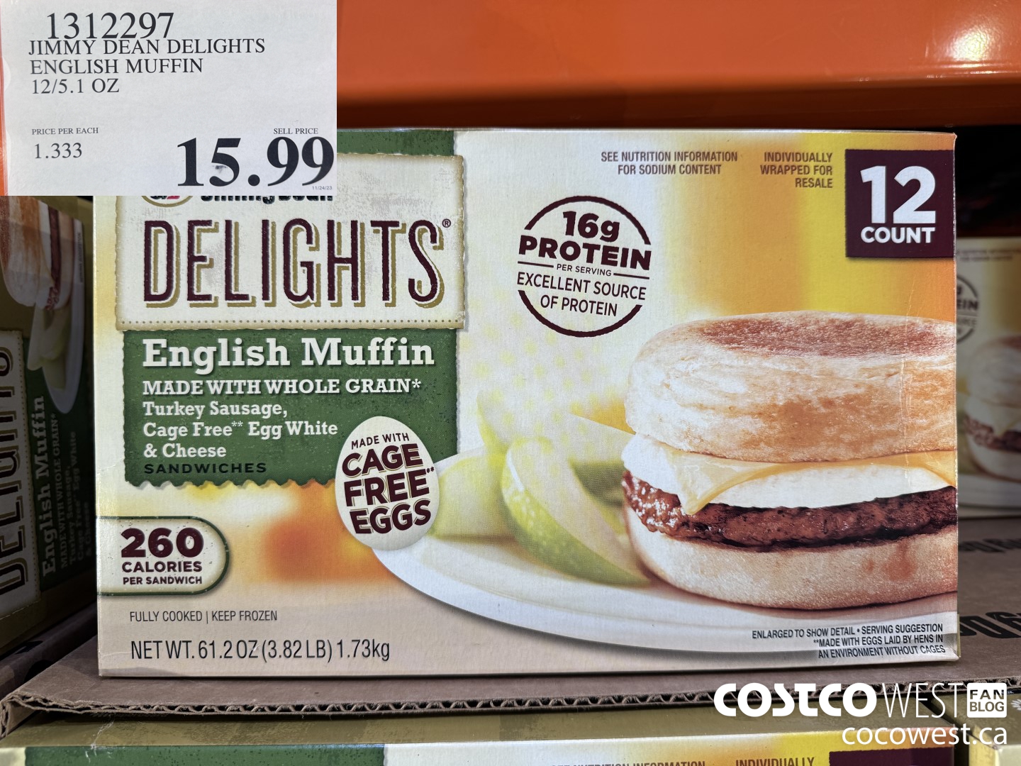 1312297 JIMMY DEAN DELIGHTS ENGLISH MUFFIN 12/5.1 OZ $15.99