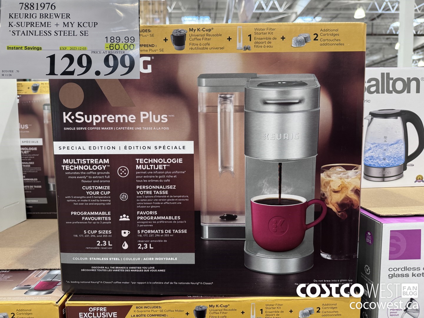 7881976 KEURIG BREWER K-SUPREME + MY KCUP STAINLESS STEEL SE ($60.00 INSTANT SAVINGS EXPIRES ON 2023-12-03) $129.99