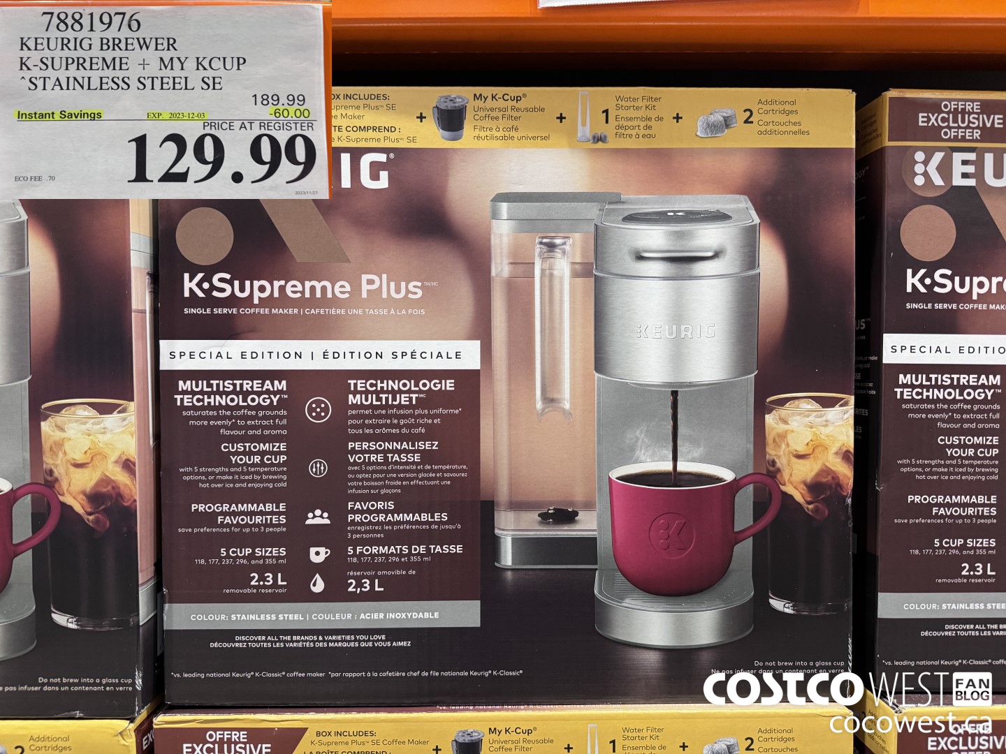 7881976 KEURIG BREWER K-SUPREME + MY KCUP STAINLESS STEEL SE ($60.00 INSTANT SAVINGS EXPIRES ON 2023-12-03) $129.99