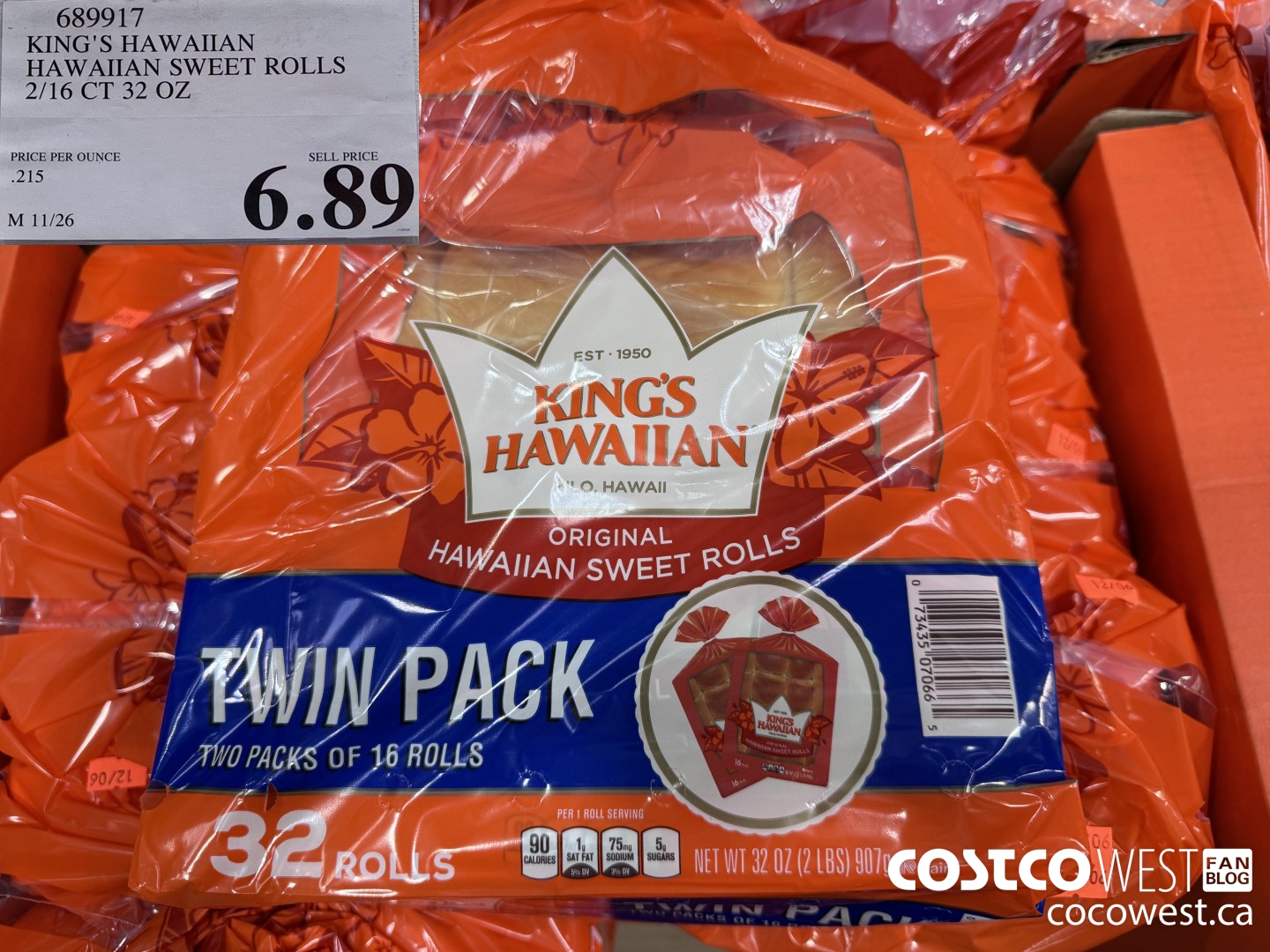 689917 KING'S HAWAIIAN HAWAIIAN SWEET ROLLS 2/16 CT 32 OZ $6.89