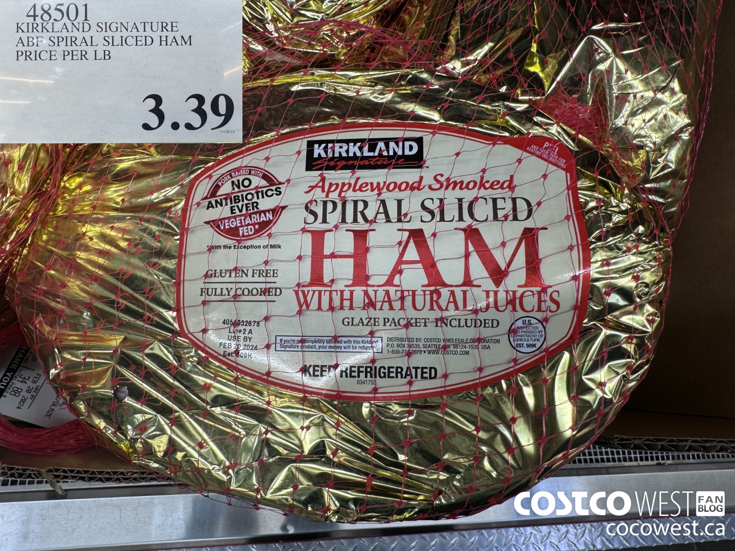 48501 KIRKLAND SIGNATURE ABF SPIRAL SLICED HAM PRICE PER LB $3.39