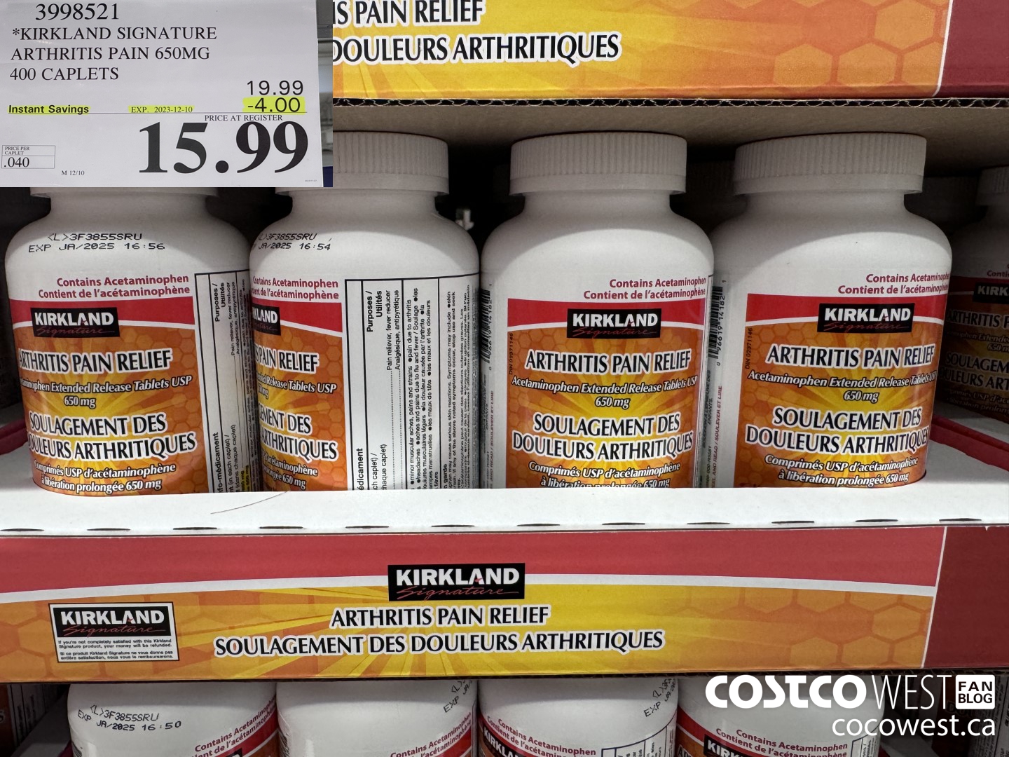 3998521 KIRKLAND SIGNATURE ARTHRITIS PAIN 650MG 400 CAPLETS ($4.00 INSTANT SAVINGS EXPIRES ON 2023-12-10) $15.99