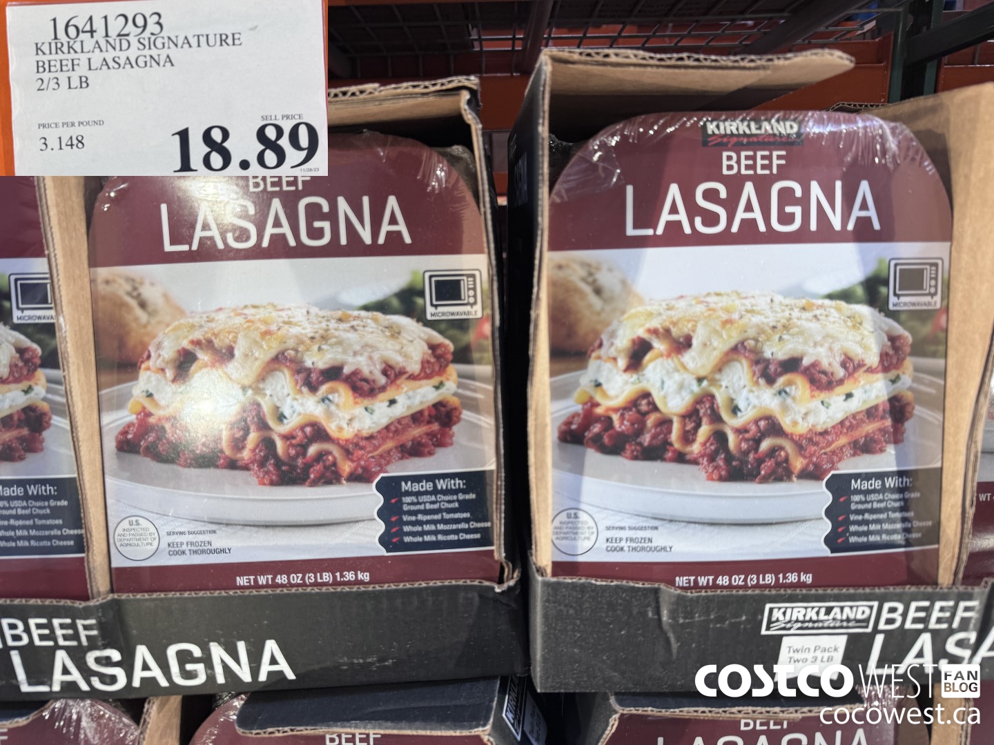 1641293 KIRKLAND SIGNATURE BEEF LASAGNA 2/3 LB $18.89