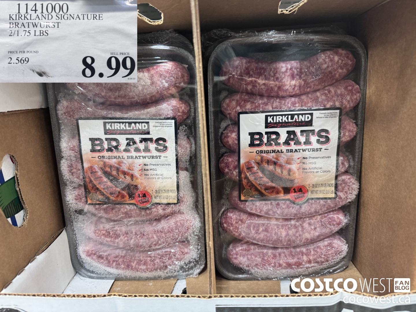 1141000 KIRKLAND SIGNATURE BRATWURST 2/1.75 LBS  $8.99