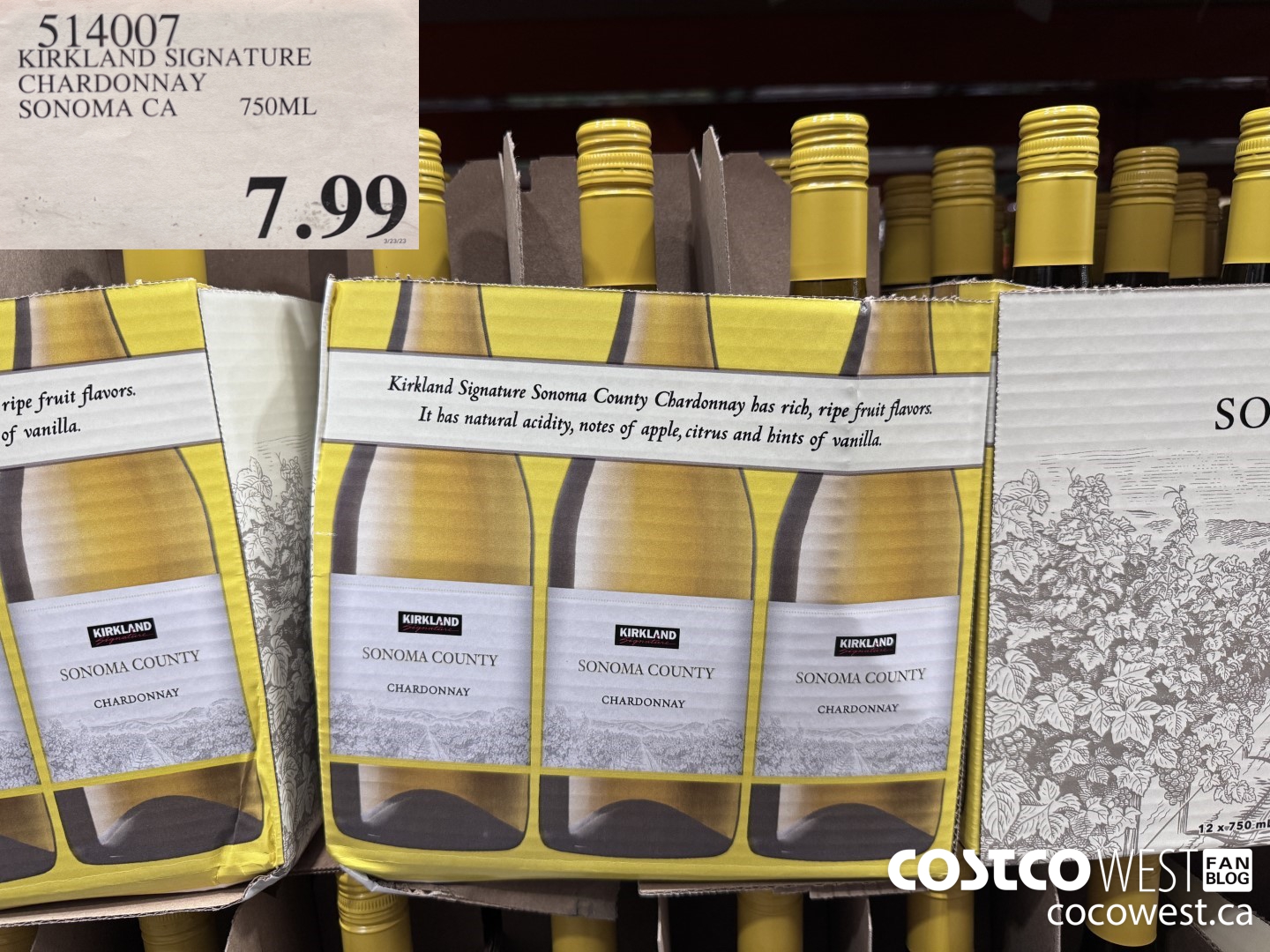 514007 KIRKLAND SIGNATURE CHARDONNAY SONOMA CA 750ML $7.99