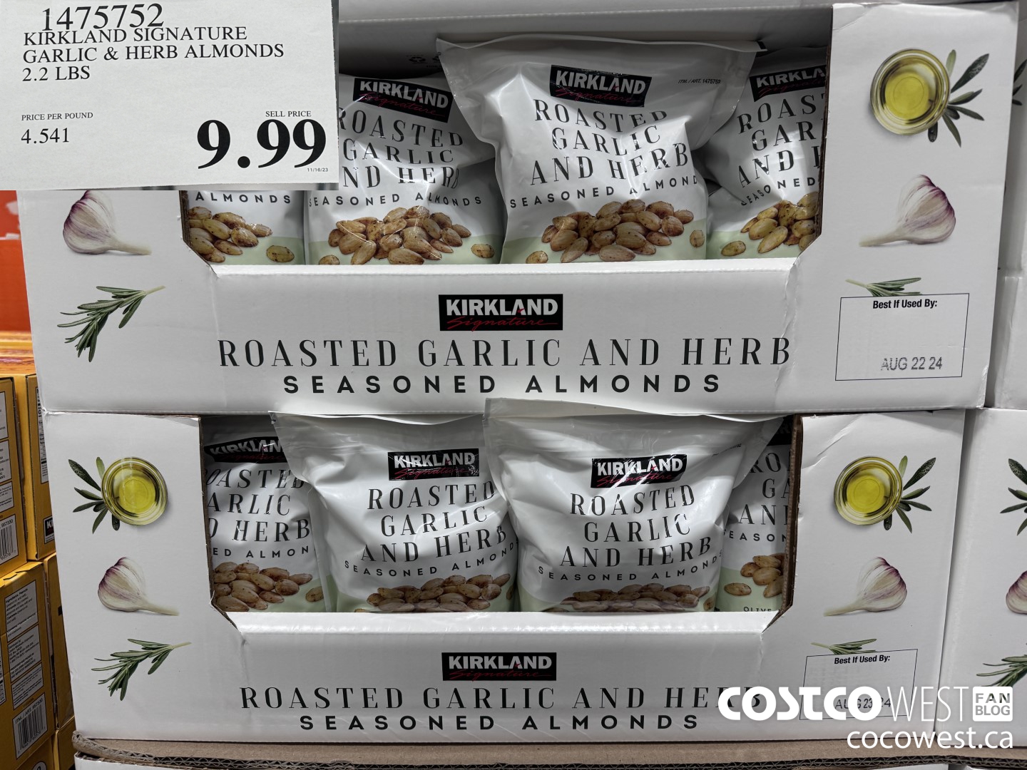 1475752 KIRKLAND SIGNATURE GARLIC & HERB ALMONDS 2.2 LBS  $9.99