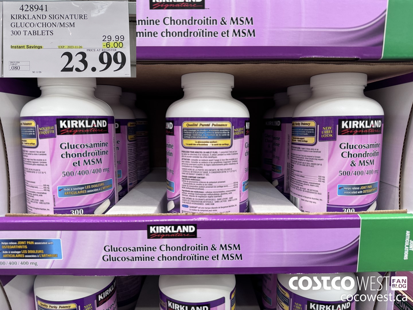 428941 KIRKLAND SIGNATURE GLUCO/CHON/MSM 300 TABLETS ($6.00 INSTANT SAVINGS EXPIRES ON 2023-11-26) $23.99