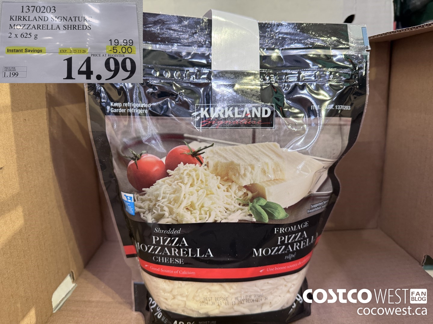 1370203 KIRKLAND SIGNATURE MOZZARELLA SHREDS 2 X 625 G ($5.00 INSTANT SAVINGS EXPIRES ON 2023-11-26) $14.99