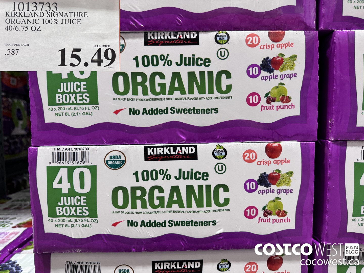 1013733 KIRKLAND SIGNATURE ORGANIC 100% JUICE 40/6.75 OZ $15.49