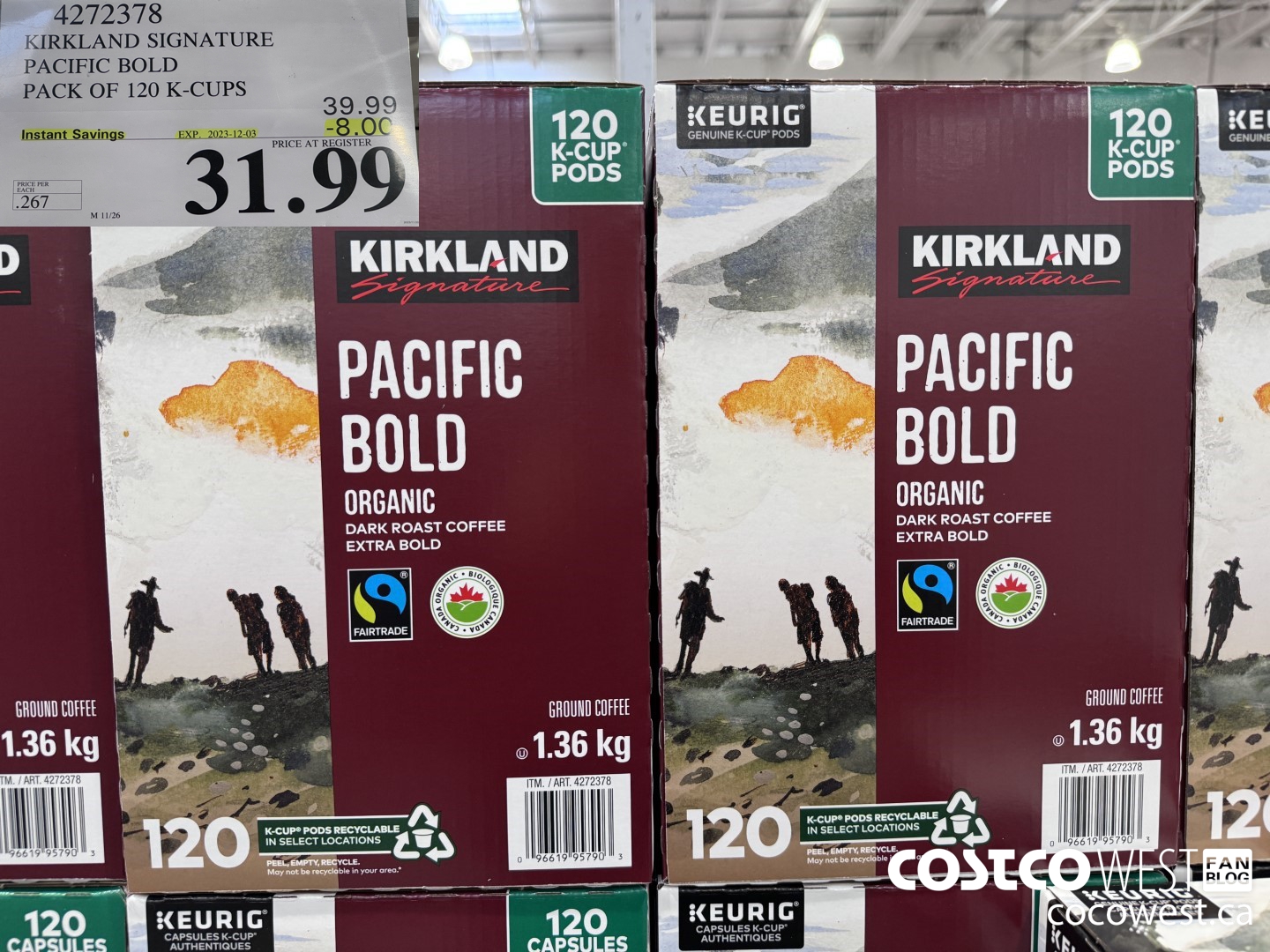 4272378 KIRKLAND SIGNATURE PACIFIC BOLD PACK OF 120 K-CUPS ($8.00 INSTANT SAVINGS EXPIRES ON 2023-12-03) $31.99