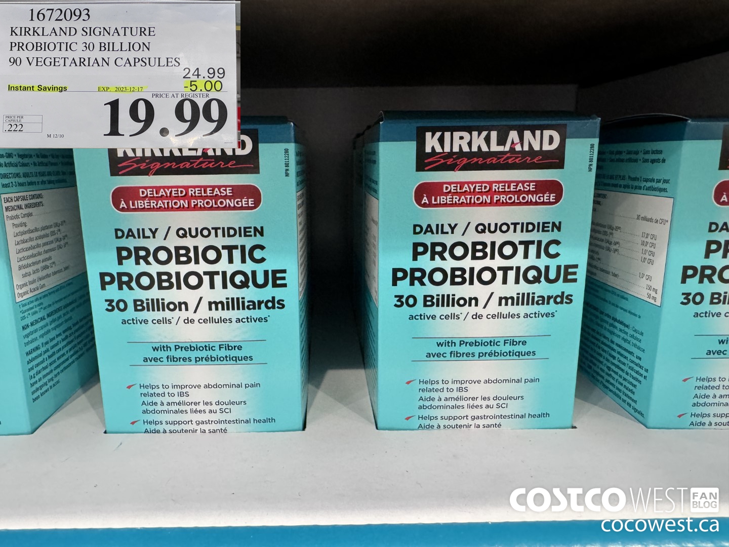 1672093 KIRKLAND SIGNATURE PROBIOTIC 30 BILLION 90 VEGETARIAN CAPSULES ($5.00 INSTANT SAVINGS EXPIRES ON 2023-12-17) $19.99