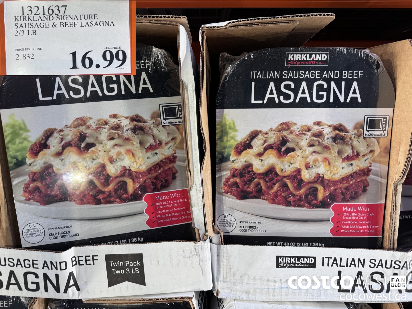 1321637 KIRKLAND SIGNATURE SAUSAGE & BEEF LASAGNA 2/3 LB $16.99