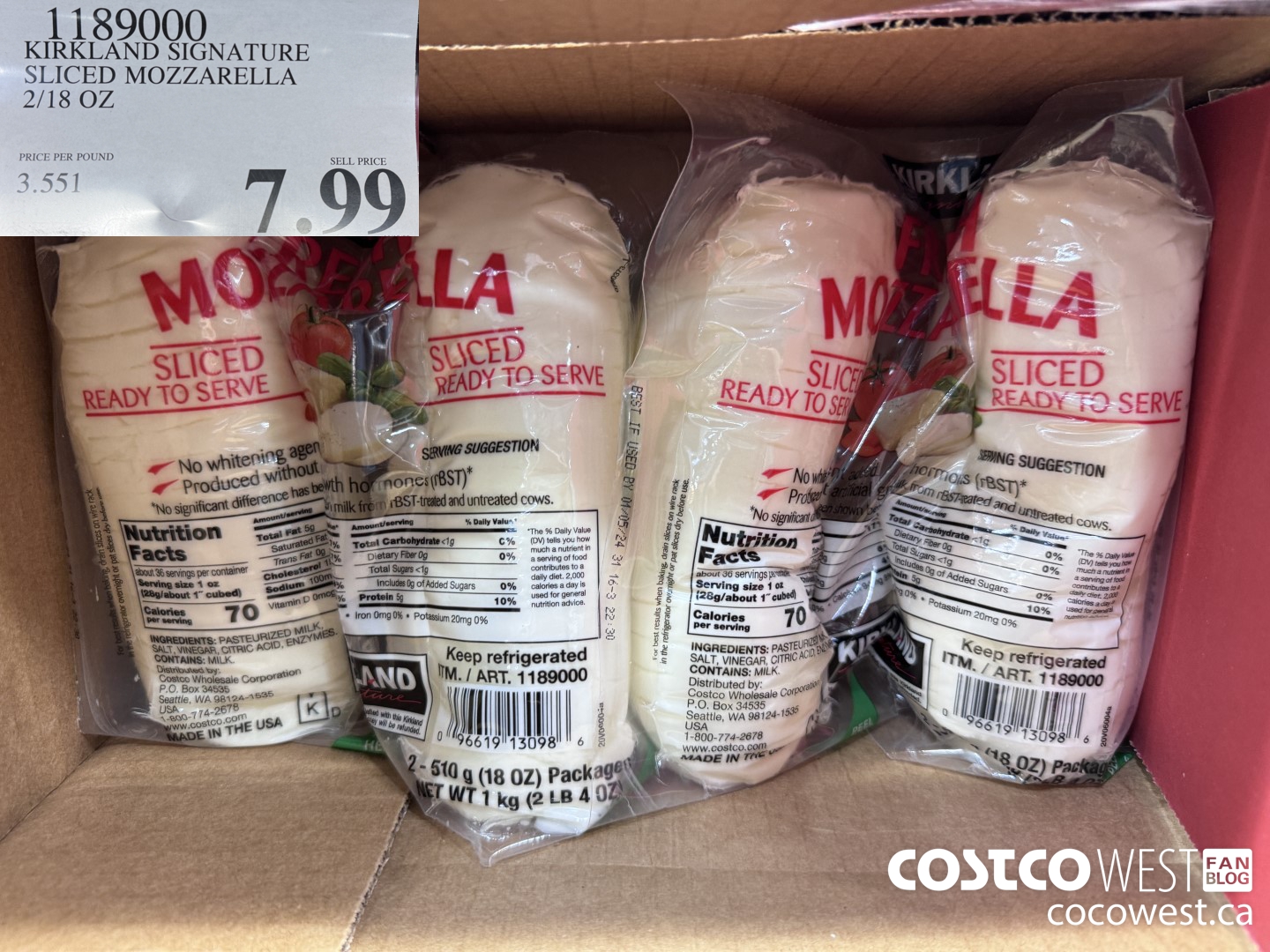 1189000 KIRKLAND SIGNATURE SLICED MOZZARELLA 2/18 OZ $7.99
