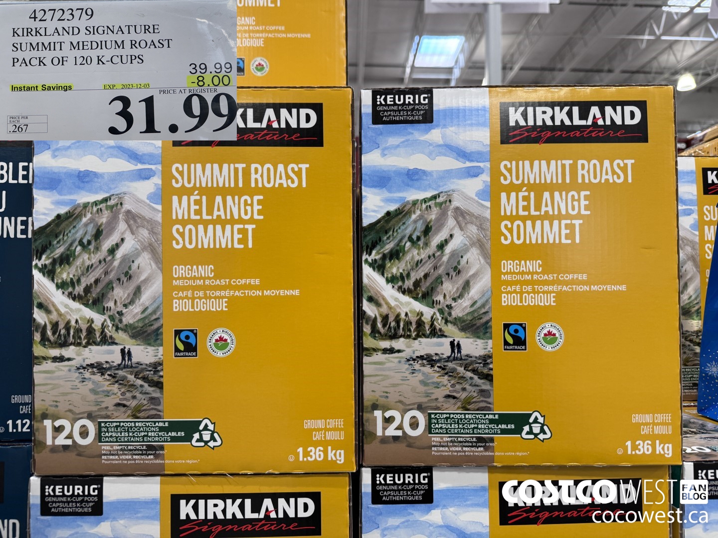 4272379 KIRKLAND SIGNATURE SUMMIT MEDIUM ROAST PACK OF 120 K-CUPS ($8.00 INSTANT SAVINGS EXPIRES ON 2023-12-03) $31.99