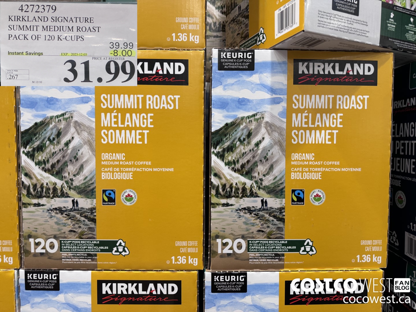 4272379 KIRKLAND SIGNATURE SUMMIT MEDIUM ROAST PACK OF 120 K-CUPS ($8.00 INSTANT SAVINGS EXPIRES ON 2023-12-03) $31.99