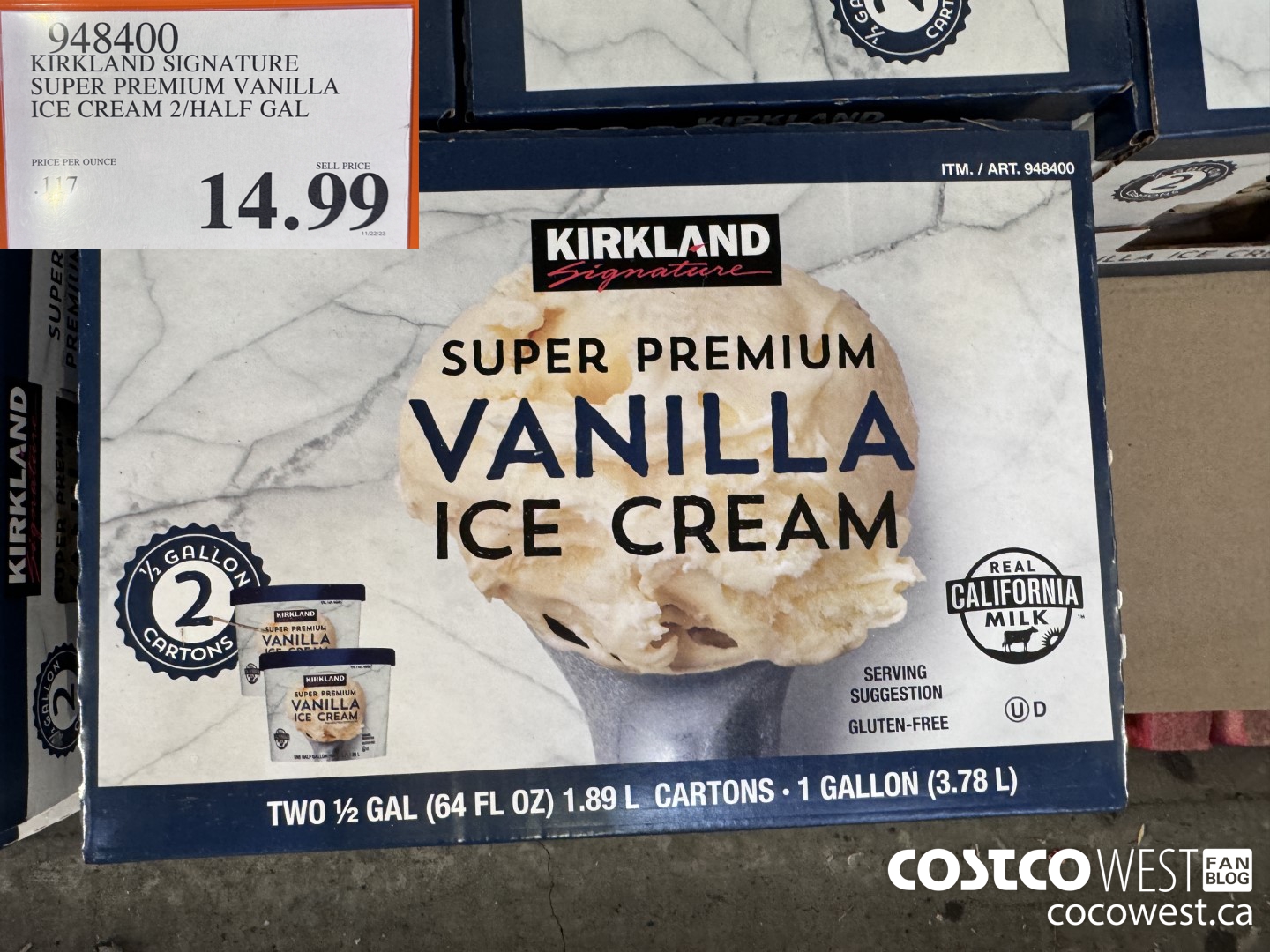 948400 KIRKLAND SIGNATURE SUPER PREMIUM VANILLA ICE CREAM 2/HALF-GAL $14.99