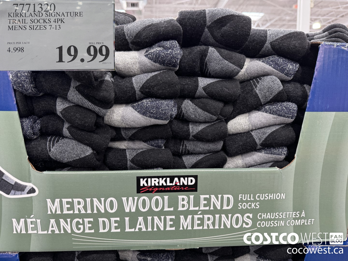 7771320 KIRKLAND SIGNATURE TRAIL SOCKS 4PK MENS SIZES 7-13 $19.99