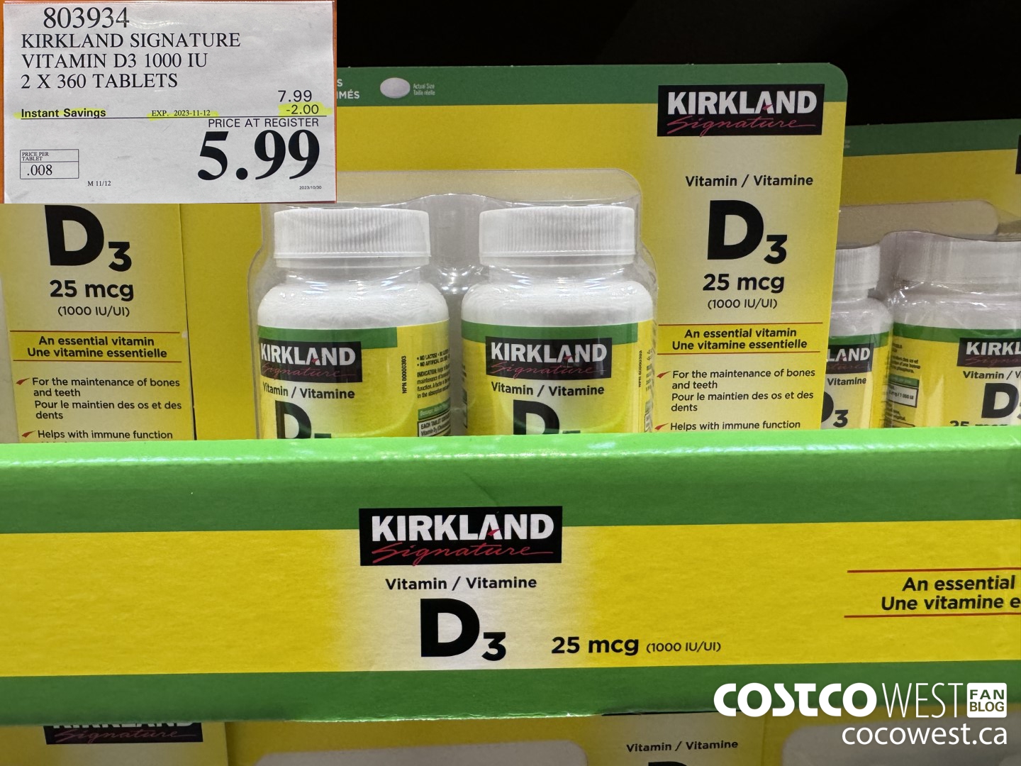803934 KIRKLAND SIGNATURE VITAMIN D3 1000 IU 2 X 360 TABLETS ($2.00 INSTANT SAVINGS EXPIRES ON 2023-11-12) $5.99