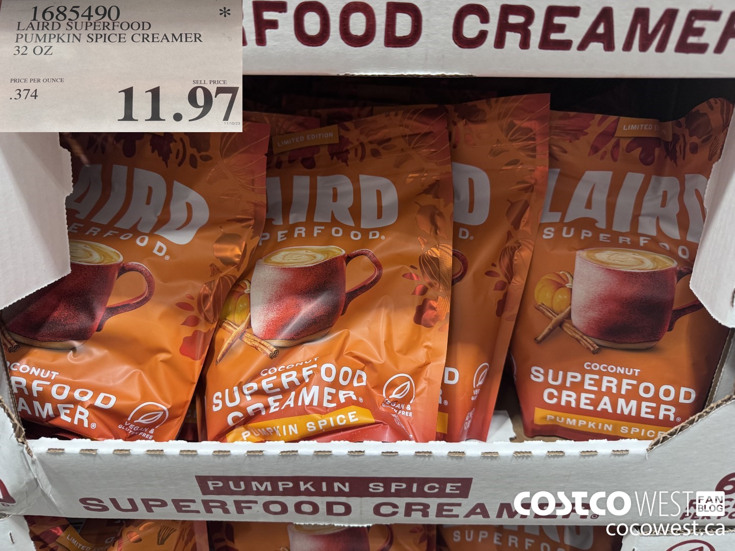 1685490 LAIRD SUPERFOOD PUMPKIN SPICE CREAMER 32 OZ $11.97