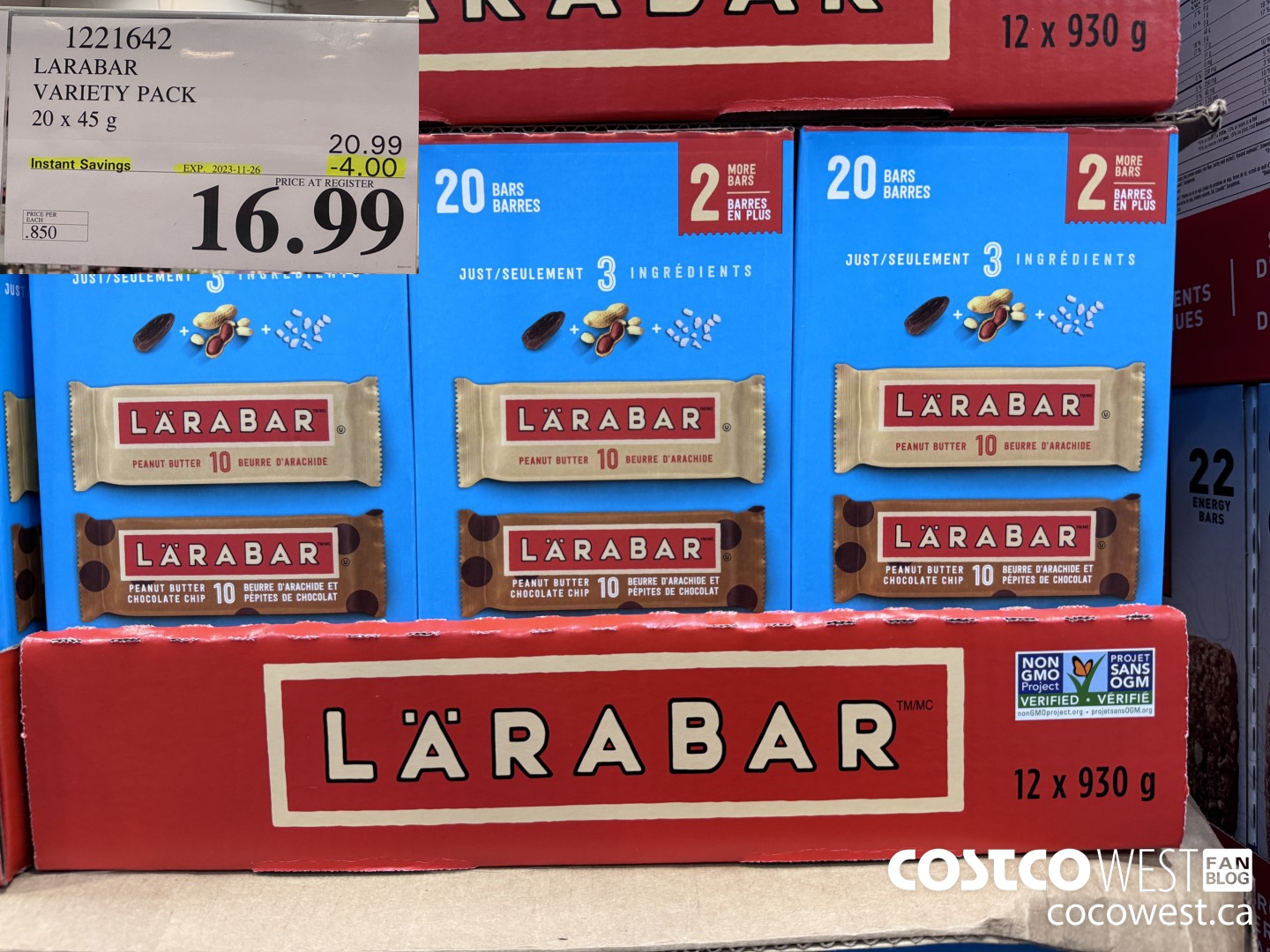 1221642 LARABAR VARIETY PACK 20 x 45 g ($4.00 INSTANT SAVINGS EXPIRES ON 2023-11-26) $16.99