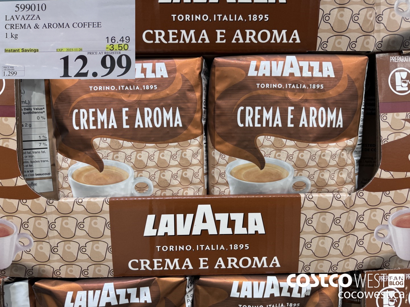 599010 LAVAZZA CREMA & AROMA COFFEE 1KG ($3.50 INSTANT SAVINGS EXPIRES ON 2023-11-26) $12.99