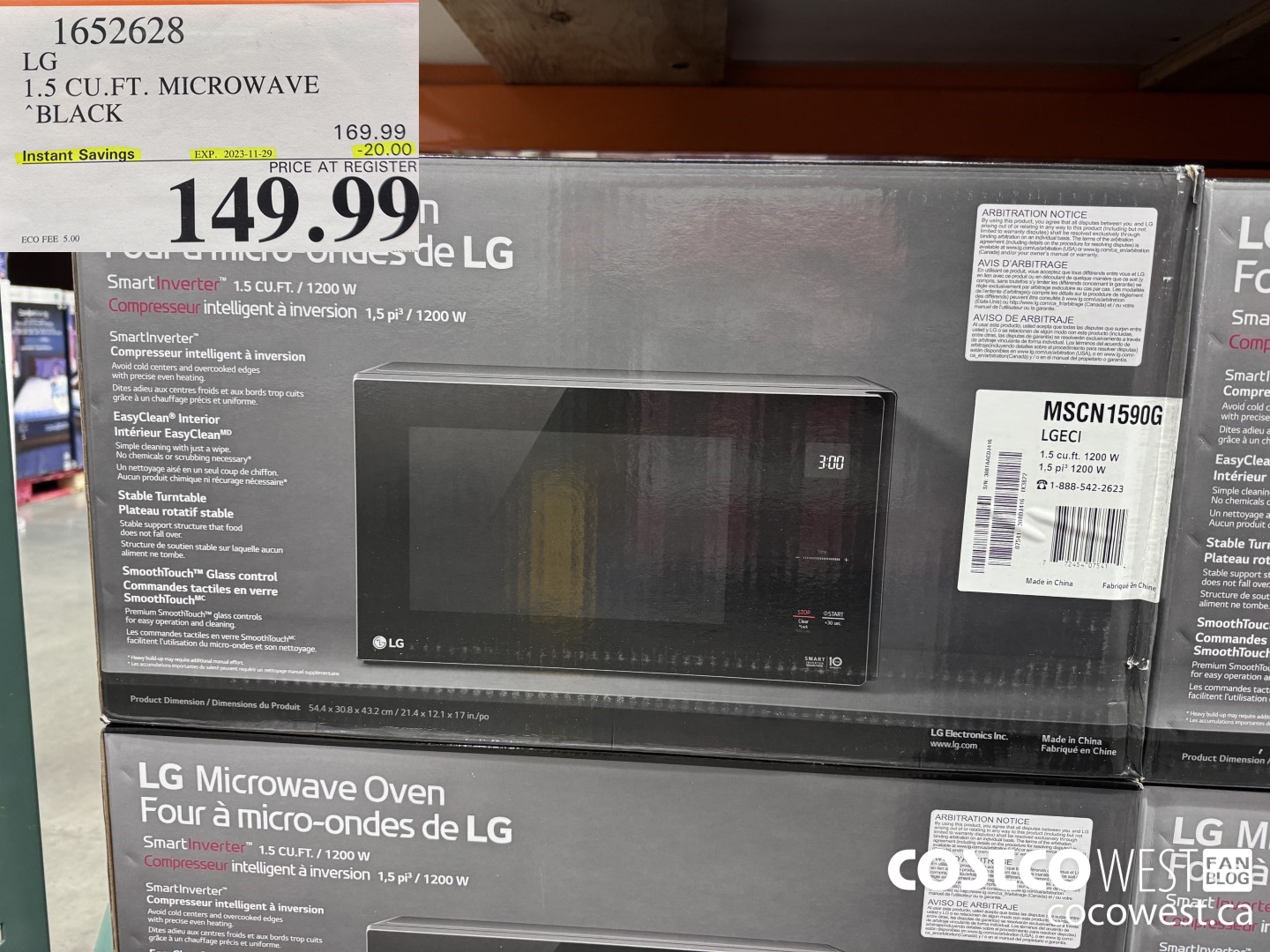 1652628 LG 1.5 CU. FT. MICROWAVE BLACK ($20.00 INSTANT SAVINGS EXPIRES ON 2023-11-29) $149.99