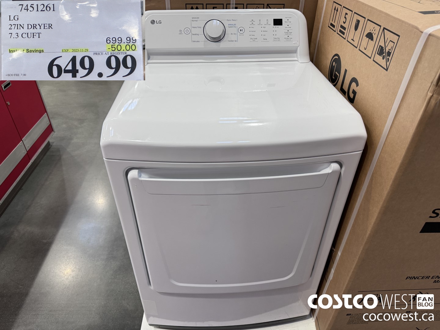 7451261 LG 27IN 7.3 CU. FT DRYER ($50.00 INSTANT SAVINGS EXPIRES ON 2023-11-29) $649.99