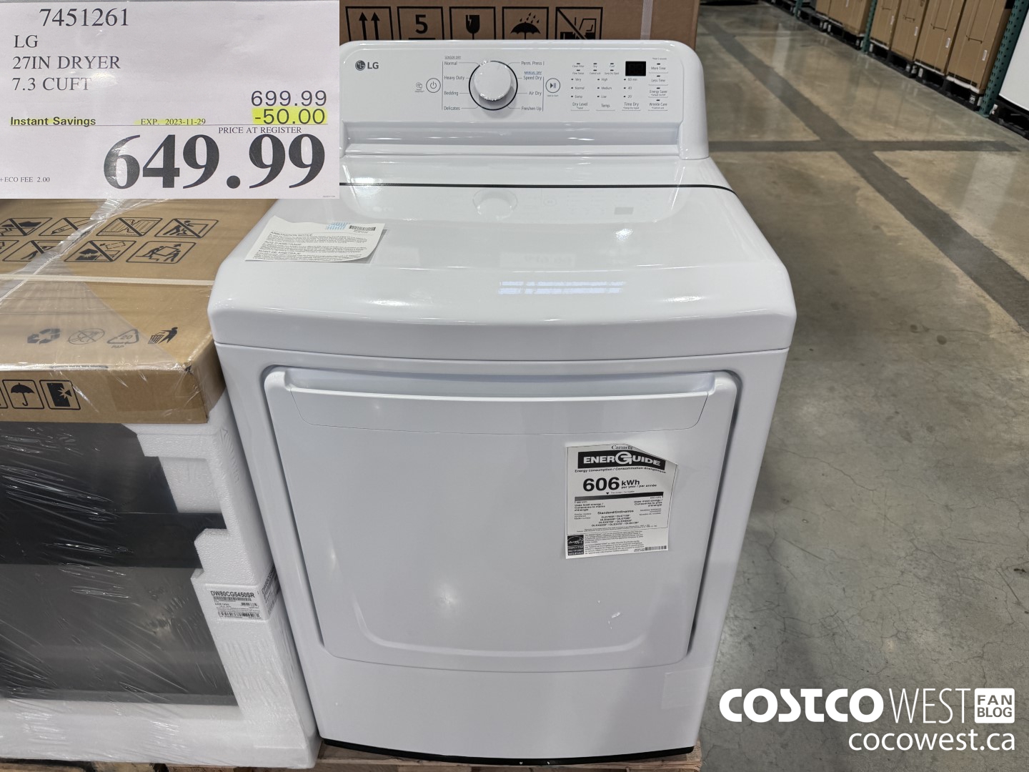 7451261 LG 27IN 7.3 CU. FT DRYER ($50.00 INSTANT SAVINGS EXPIRES ON 2023-11-29) $649.99