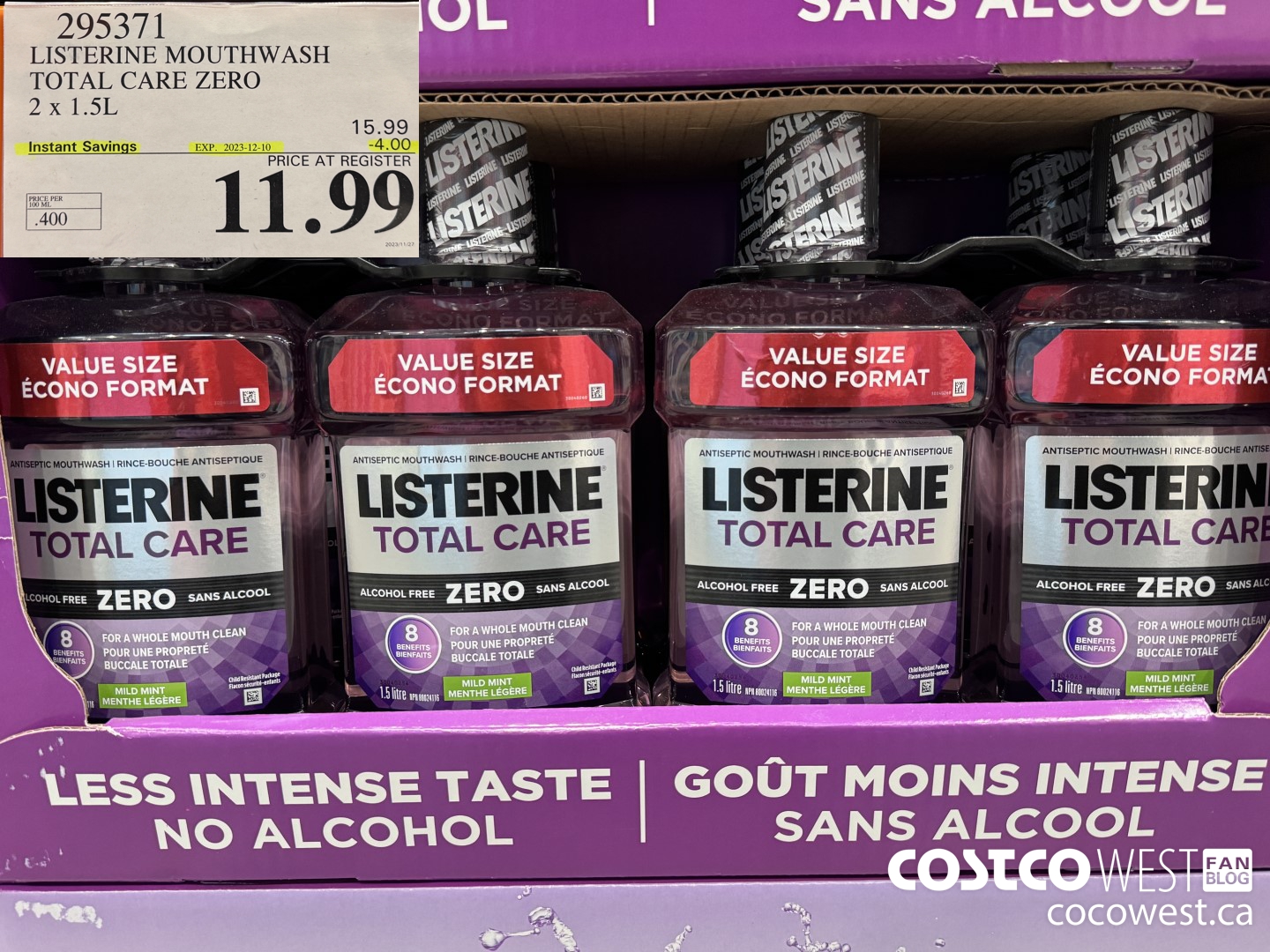 295371 LISTERINE MOUTHWASH TOTAL CARE ZERO 2 X 1.5L ($4.00 INSTANT SAVINGS EXPIRES ON 2023-12-10) $11.99