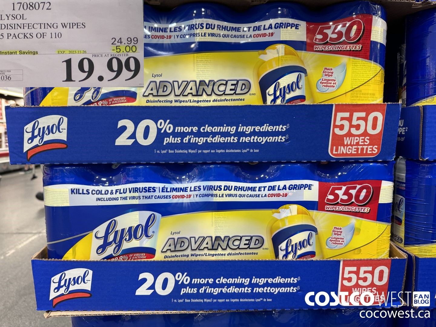 1708072 LYSOL DISINFECTING WIPES 5 X 110 WIPES ($5.00 INSTANT SAVINGS EXPIRES ON 2023-11-26) $19.99