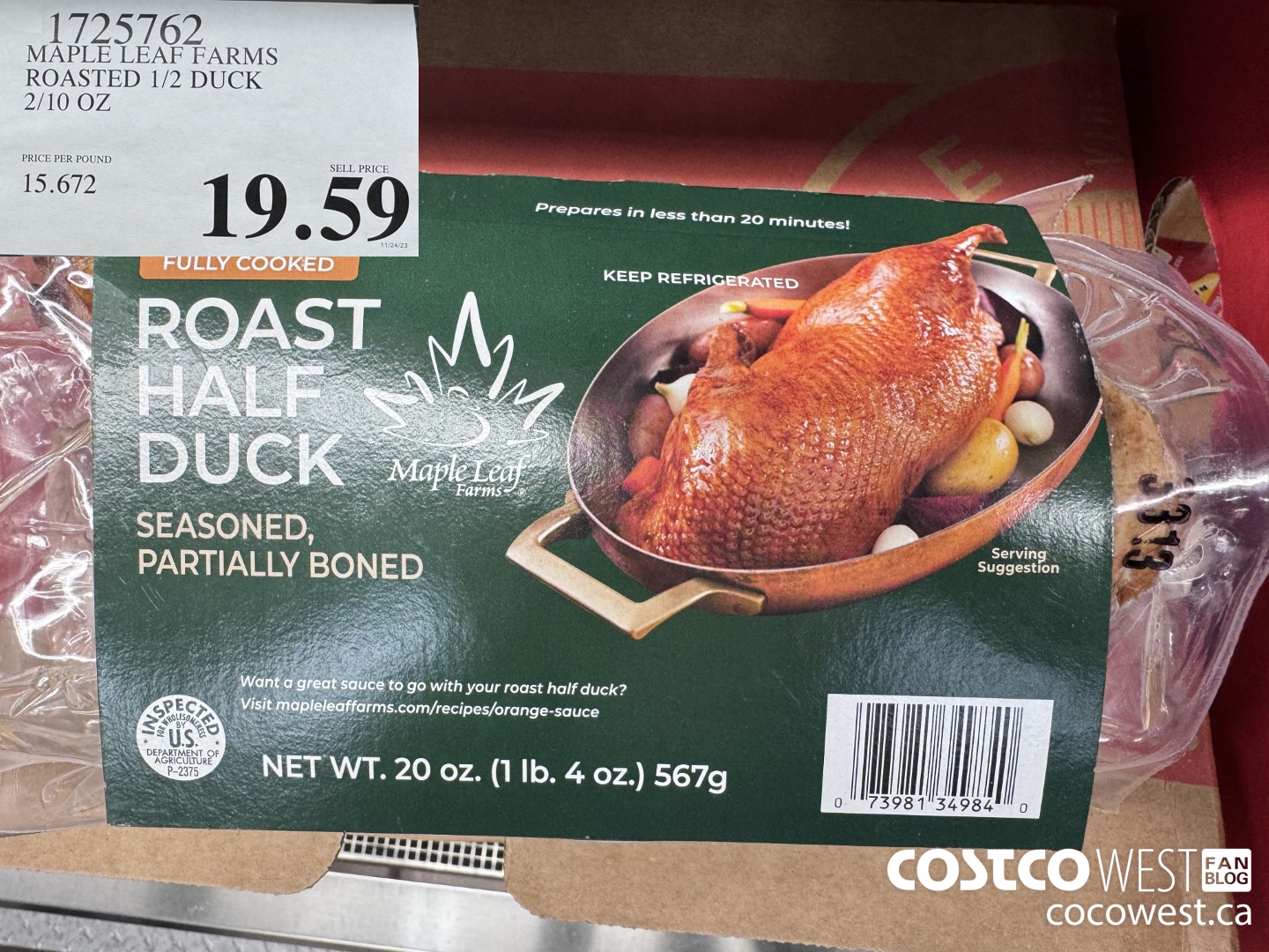 1725762 MAPLE LEAF FARMS ROASTED 1/2 DUCK 2/10 OZ $19.59